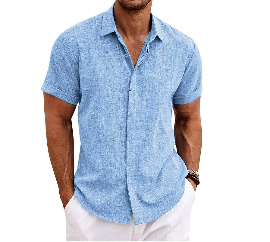 European and American Men's Double Placket Cotton Linen Cardigan Short-sleeved high quality Shirt Summer Home Short-sleeved Lapel Shirt Cross-border