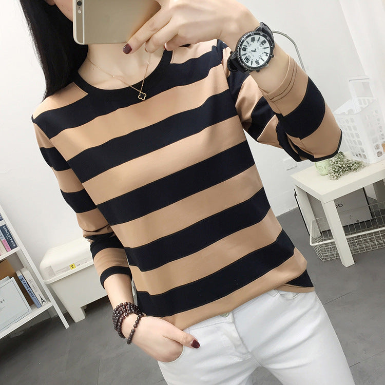 Autumn chubby girl Plus Size Large Size Loose Cotton Long-sleeved T-shirt Women's Middle-aged Mother Base Shirt Striped Top