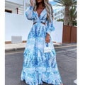 Cross-Border European and American Fashion Women's Clothing Spring and Summer New Long Dress Printed V-Neck Sexy Long-Sleeved Beach Dress