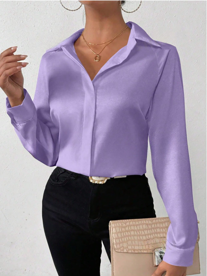 Cross-Border European and American Clothing Satin Shirt Women's Satin Imitation Silk Long-Sleeved Shirt European and American Export Cross-Border Women's Clothing