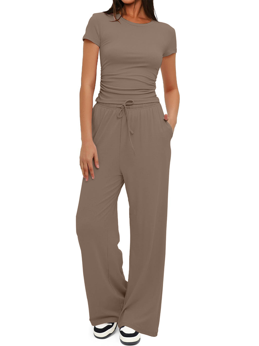 Women's Summer Solid Loose Casual Tracksuit Two Piece Set O Neck Short Sleeve T Shirt Wide Leg Pants Sportswear