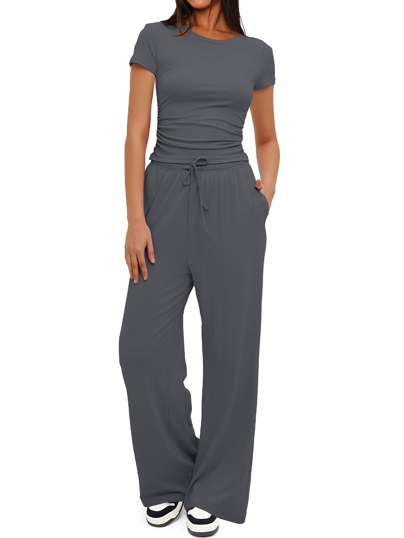 Women's Summer Solid Loose Casual Tracksuit Two Piece Set O Neck Short Sleeve T Shirt Wide Leg Pants Sportswear
