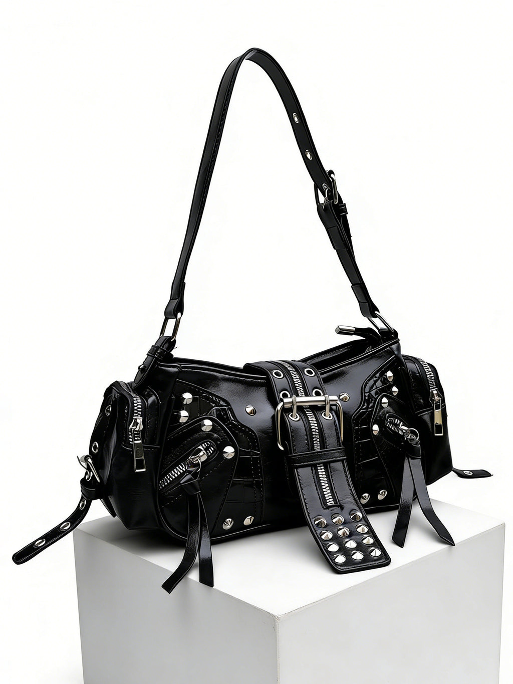 European and American Fashion Personality in Rivet Tassel Spicy Girl Motorcycle Retro Versatile Commuter Underarm Handbag Shoulder Crossbody Bag