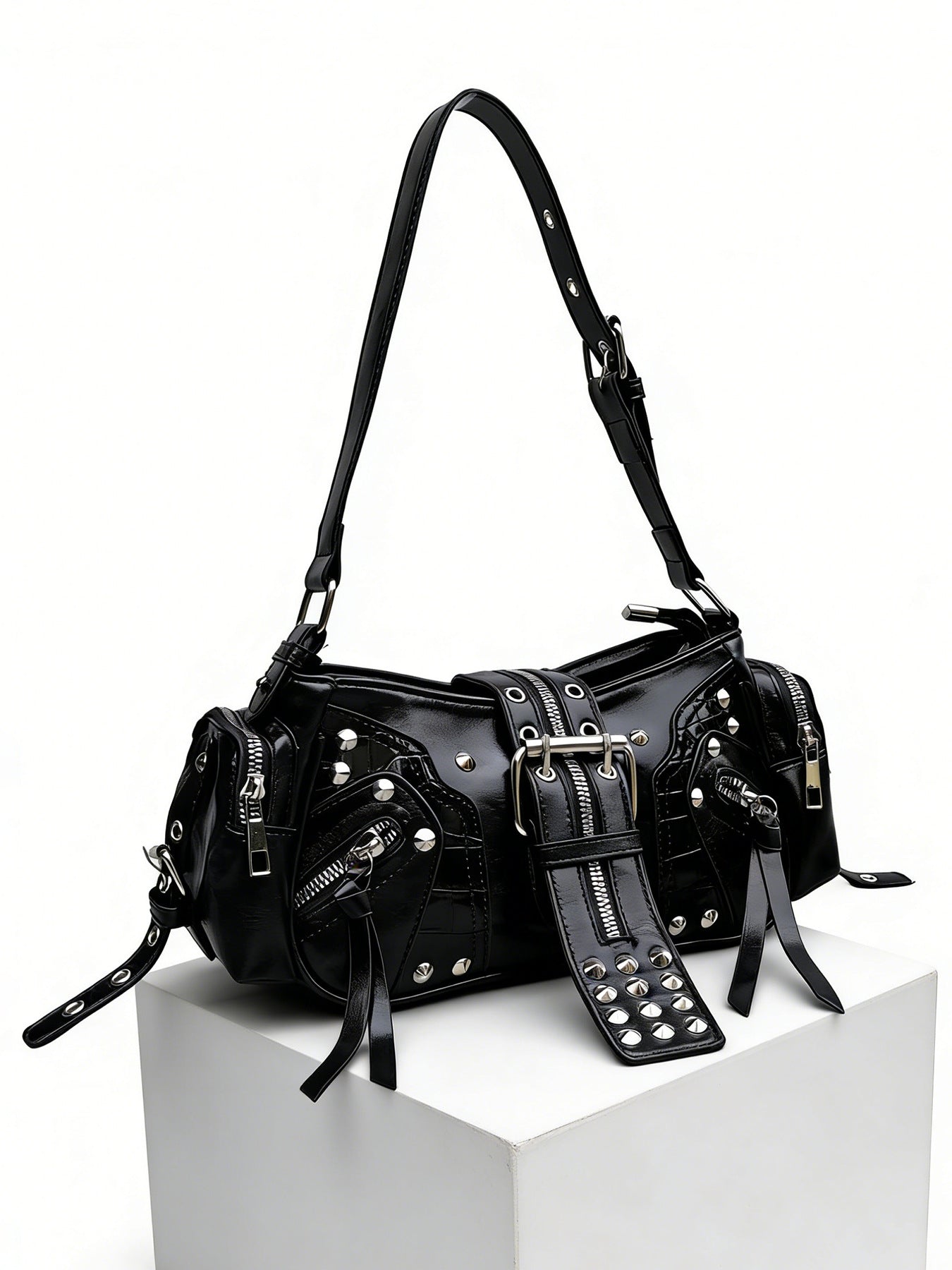 European and American Fashion Personality in Rivet Tassel Spicy Girl Motorcycle Retro Versatile Commuter Underarm Handbag Shoulder Crossbody Bag