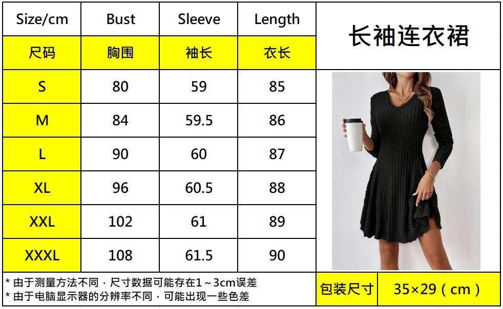 Women's V-Neck Knit Dress - Long Sleeve Swing Mini Dress, Elegant Bodycon Short Dress