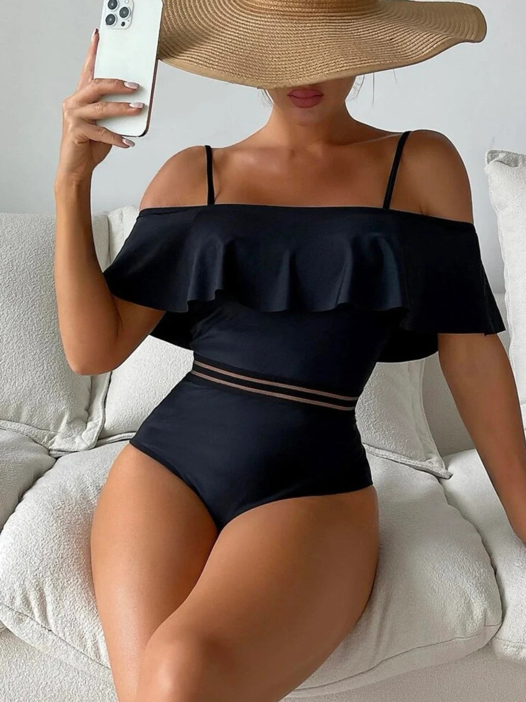 Europe and the United States cross-border new foreign trade ladies one-piece swimsuit solid color stitching sexy lotus leaf shoulder swimsuit bikini