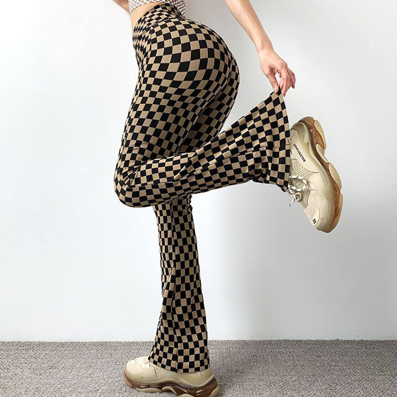 Checkerboard Flared Pants for Women, Autumn and Winter High-Waisted Wide-Leg Yoga Pants, Slimming Fitness Pants, Leg-Lengthening and Hip-Lifting