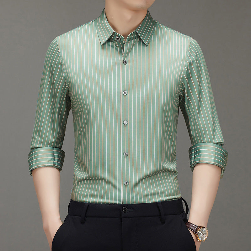 Spring 2025 New Mulberry Silk Vertical Stripe Printed Shirt Cross-border Joker for Young and Middle-aged Men Business Casual Flip