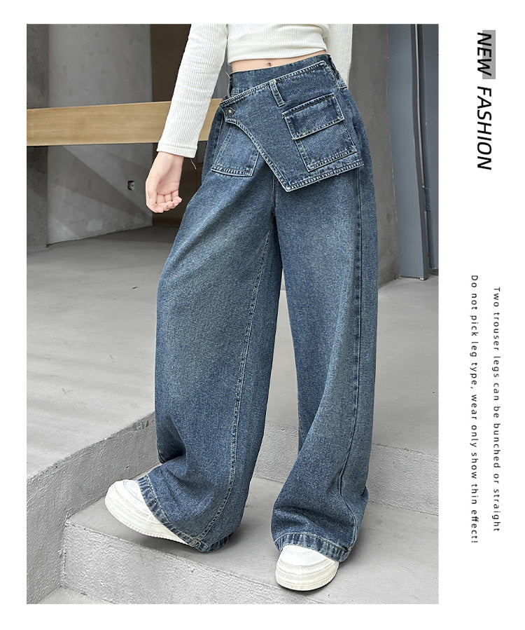 Girls' fart curtain jeans spring autumn new style teens children's straight tube loose wide leg pants retro blue casual pants