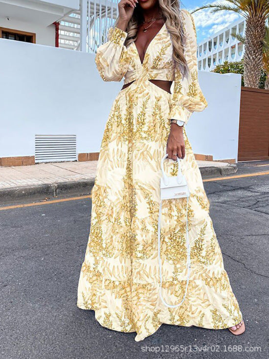 Cross-Border European and American Fashion Women's Clothing Spring and Summer New Long Dress Printed V-Neck Sexy Long-Sleeved Beach Dress