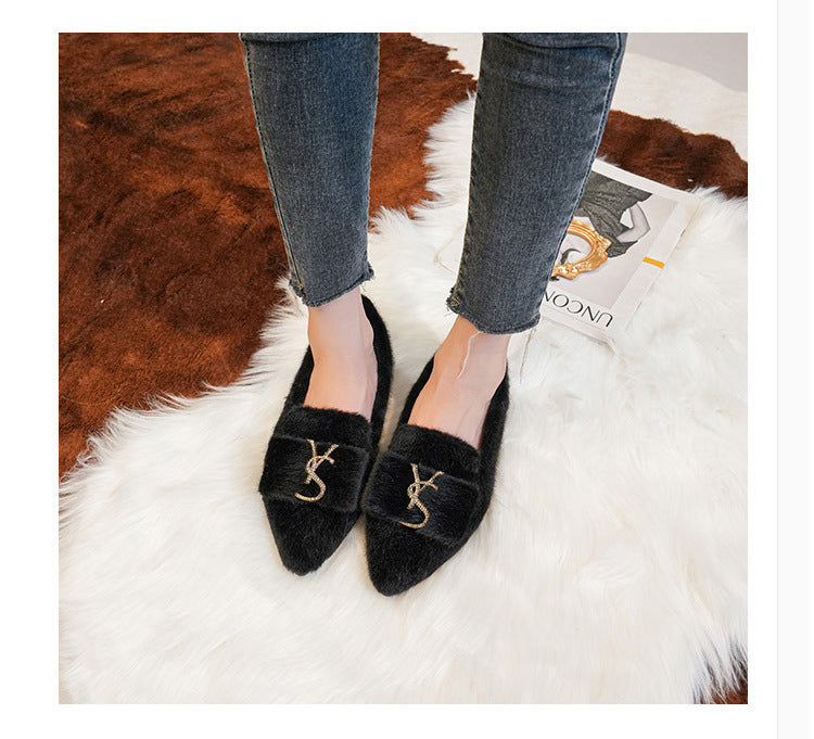 Flats Shoes for Women 2024 New Autumn Pointed Flat Mink Fur Winter Shoes Velvet Women's Loafers Ladies Shoes Plus Size 41 42 43