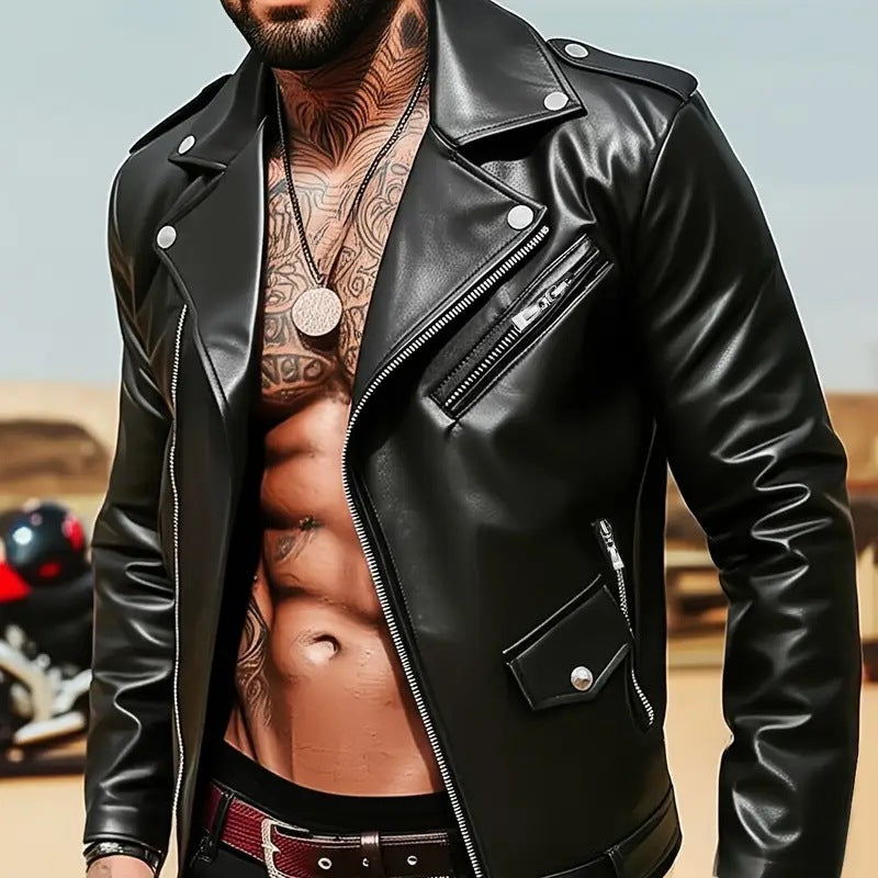 Street Style Motorcycle Jacket Functional Windproof Leather Coat Slim Fit Zipper Biker Vest