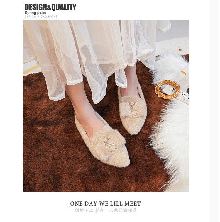 Flats Shoes for Women 2024 New Autumn Pointed Flat Mink Fur Winter Shoes Velvet Women's Loafers Ladies Shoes Plus Size 41 42 43