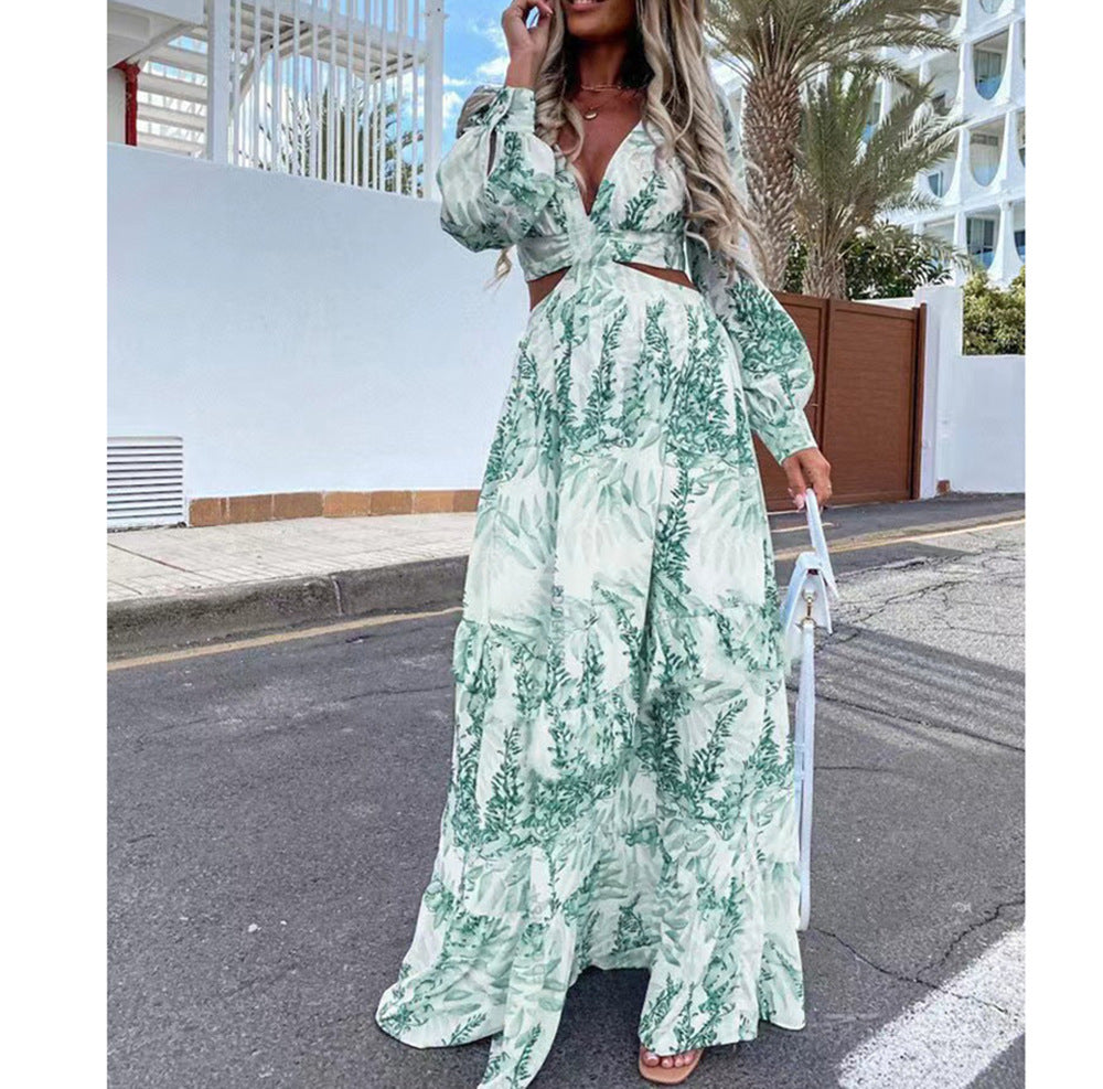 Cross-Border European and American Fashion Women's Clothing Spring and Summer New Long Dress Printed V-Neck Sexy Long-Sleeved Beach Dress