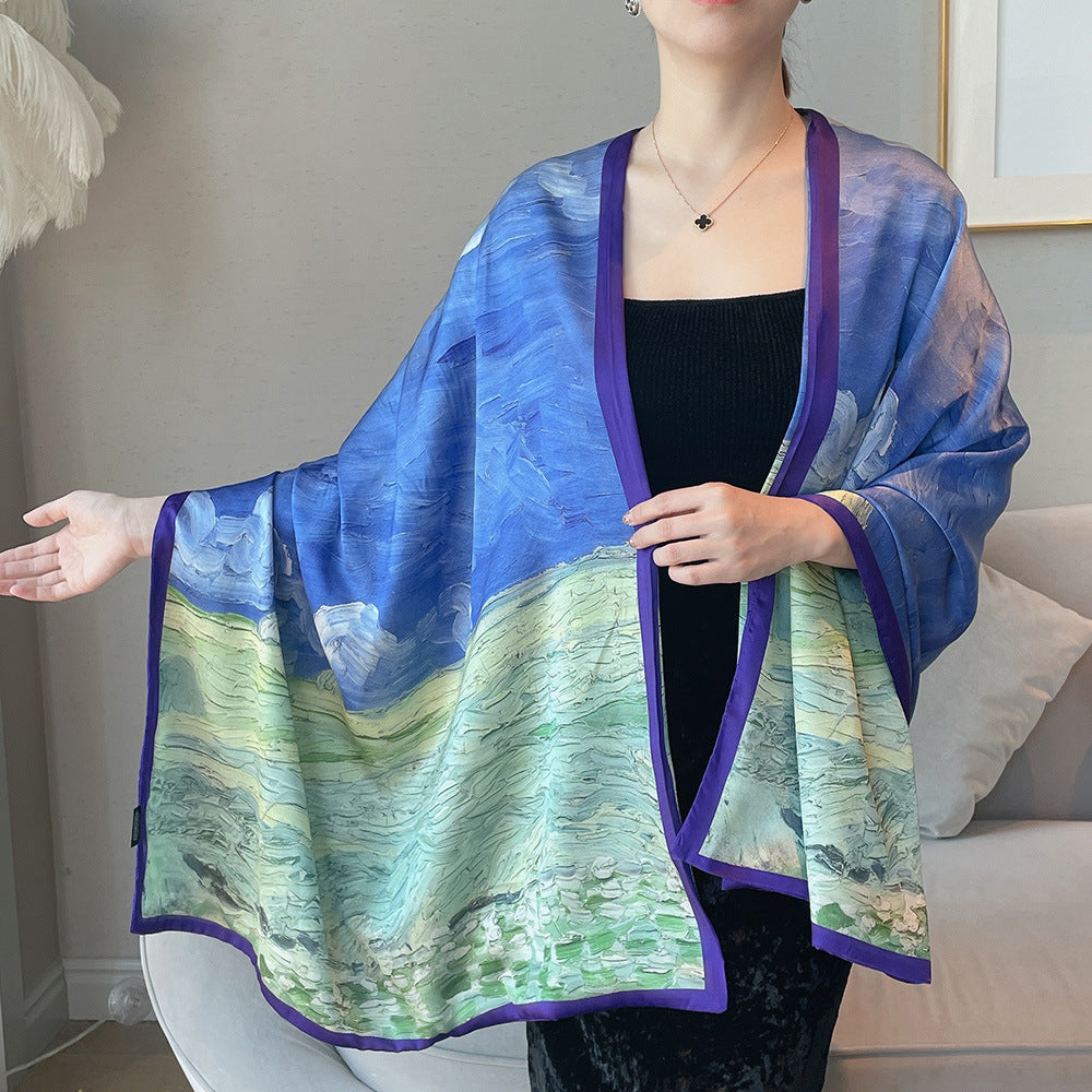 Van Gogh Monet oil painting double-sided double-layer silk scarf women's long 180x70 new silk satin popular fashion scarf shawl New