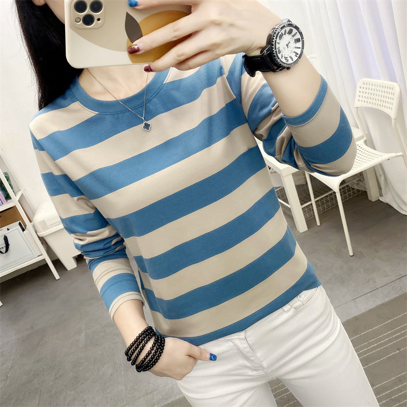 Autumn chubby girl Plus Size Large Size Loose Cotton Long-sleeved T-shirt Women's Middle-aged Mother Base Shirt Striped Top