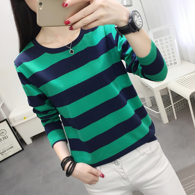 Autumn chubby girl Plus Size Large Size Loose Cotton Long-sleeved T-shirt Women's Middle-aged Mother Base Shirt Striped Top
