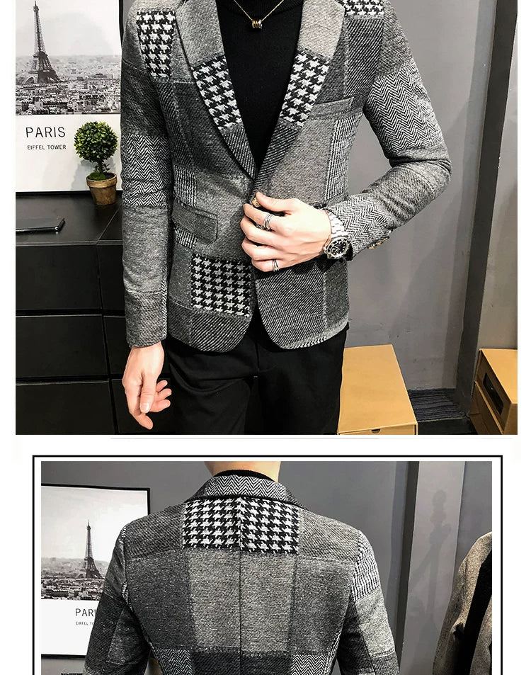Mens Woolen Jacket 2023 Autumn Winter Fleece Warm Plaid Woolen Coat Streetwear Casual Slim Fit Jacket Coat Fashion Men Clothing