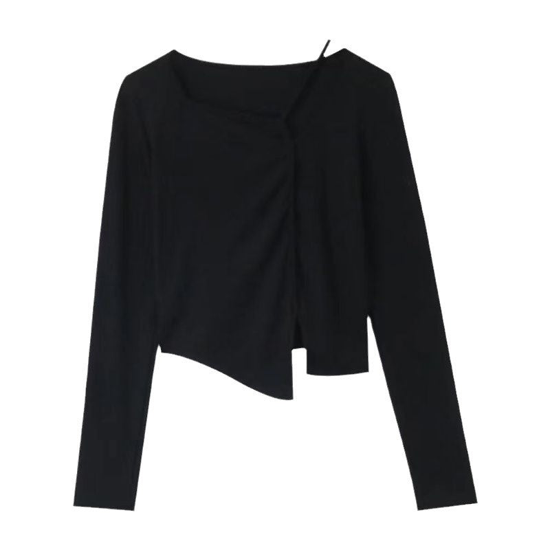 American Style Design Irregular Long-sleeved T-shirt Women's 2024 Spring and Autumn New Slim-fit Slimming Temperament Base Top