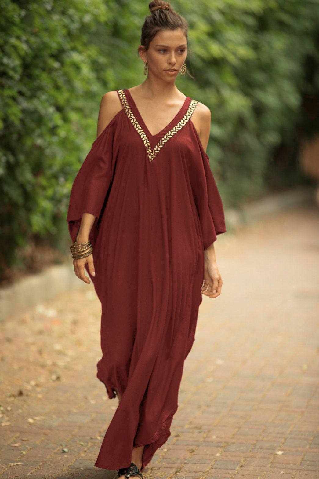 European and American New V Neck Gold Edge Off-Shoulder Beach Skirt Loose Large Size Vacation Long Skirt Bikini Cover-Up Sun Protection Clothing