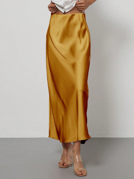 In-Stock Cross-Border Women's Clothing Wholesale European and American Style Elegant Satin Midi Skirt Slimming and Flowy