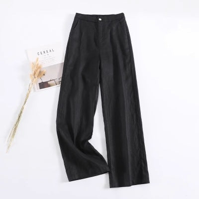 Solid Color Linen Wide-Leg Women's Pants 2023 Summer Loose Slimming Drapey High-Waisted Straight Nine-Point Length Leg-Lengthening