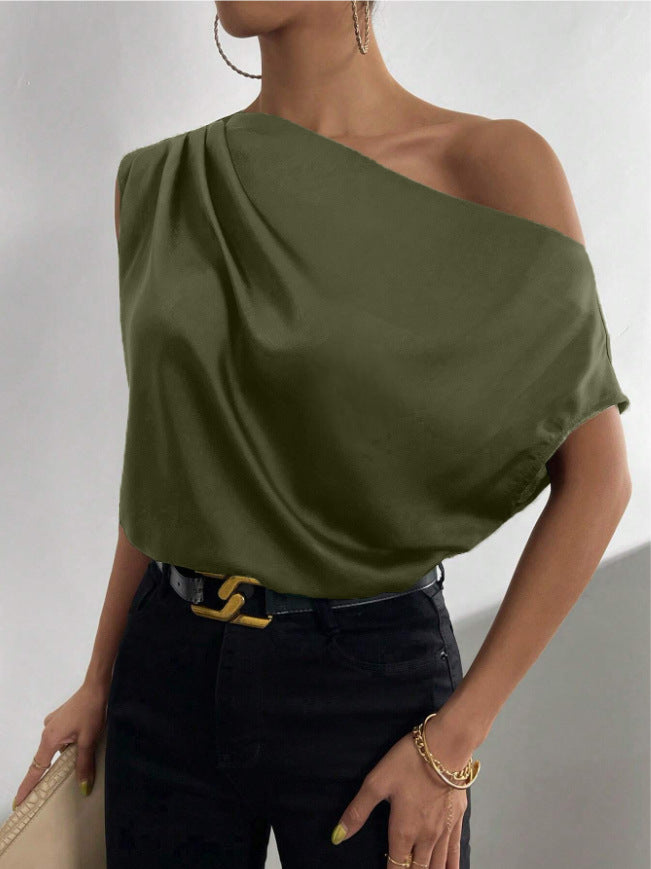 2026 Spring Solid Color Satin Imitation Silk Irregular Off-Shoulder One-Neck Pullover Sleeveless Shirt for Women European and American Fashion