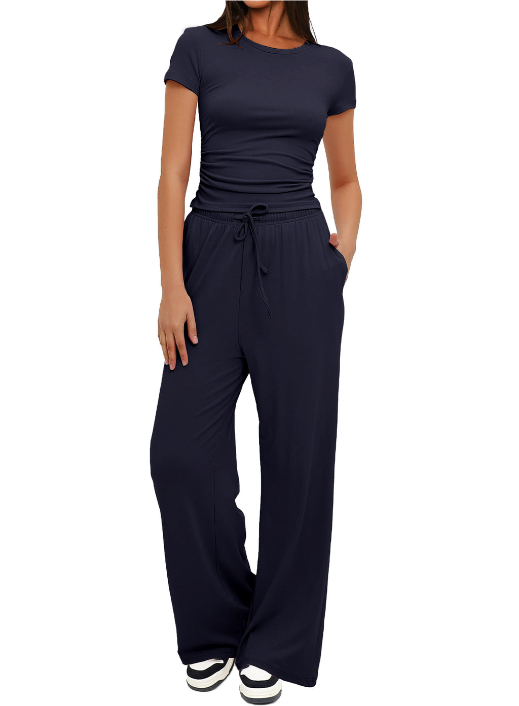 Women's Summer Solid Loose Casual Tracksuit Two Piece Set O Neck Short Sleeve T Shirt Wide Leg Pants Sportswear