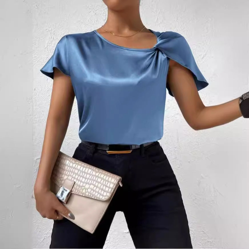 2026 European and American Foreign Trade Cross-Border Supply Summer Satin Short-Sleeve Top with Satin Twist, Solid Color, Loose Fit, Versatile Women's Top