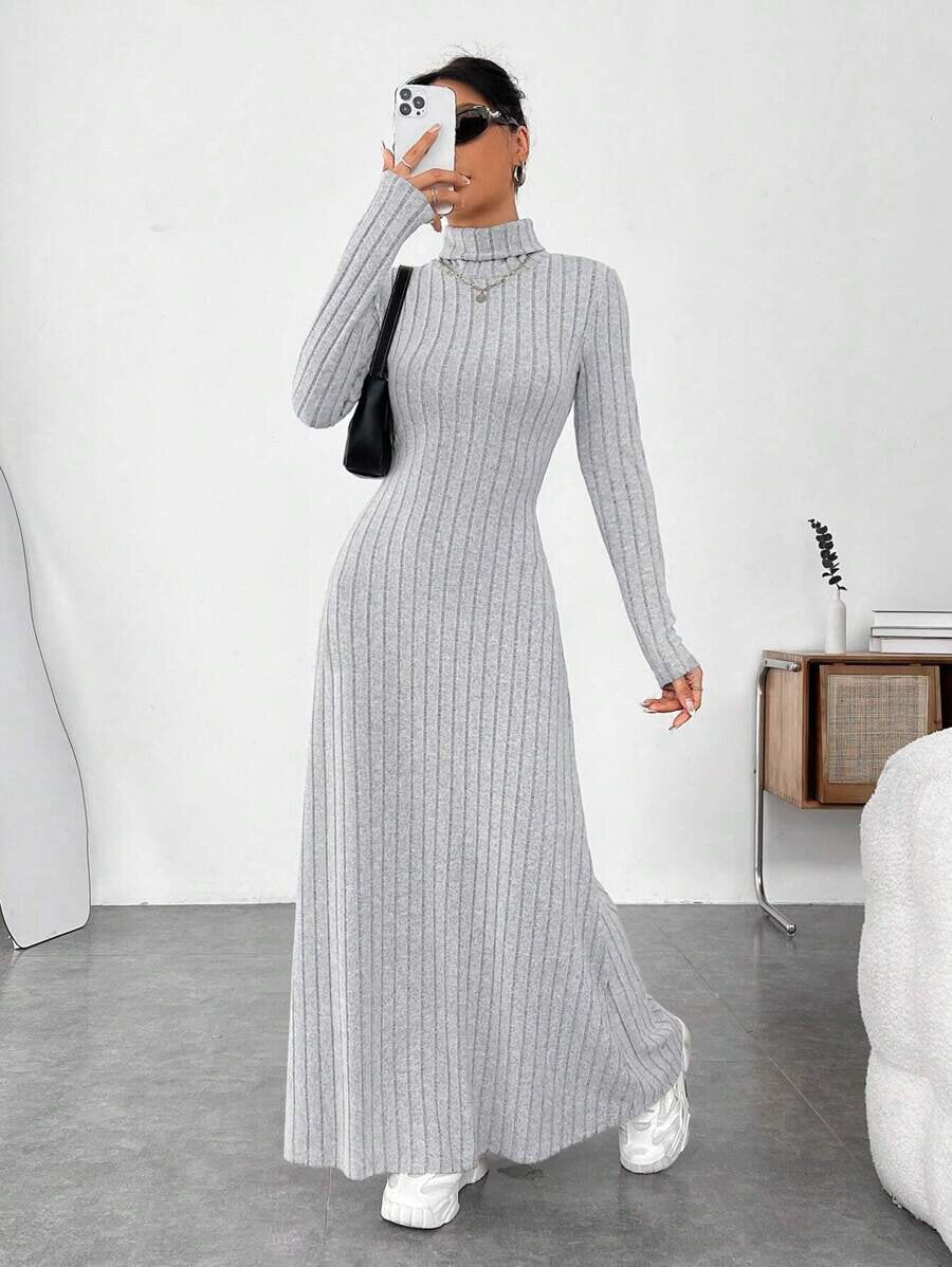 European and American Cross-Border Autumn and Winter Women's Clothing, Slim-Fitting High Collar, Fashionable Solid Color Pit Strip Brushed Long-Sleeved Dress for Women