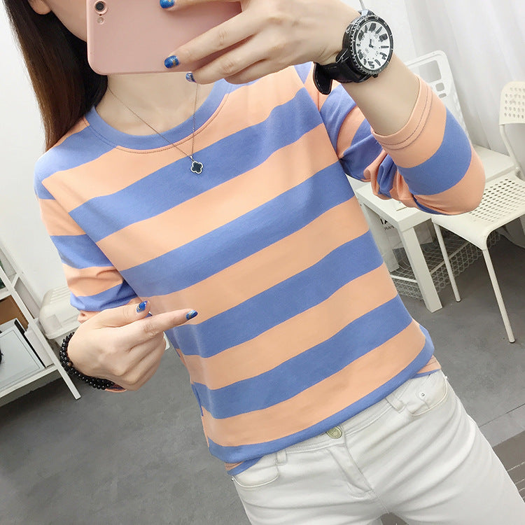 Autumn chubby girl Plus Size Large Size Loose Cotton Long-sleeved T-shirt Women's Middle-aged Mother Base Shirt Striped Top