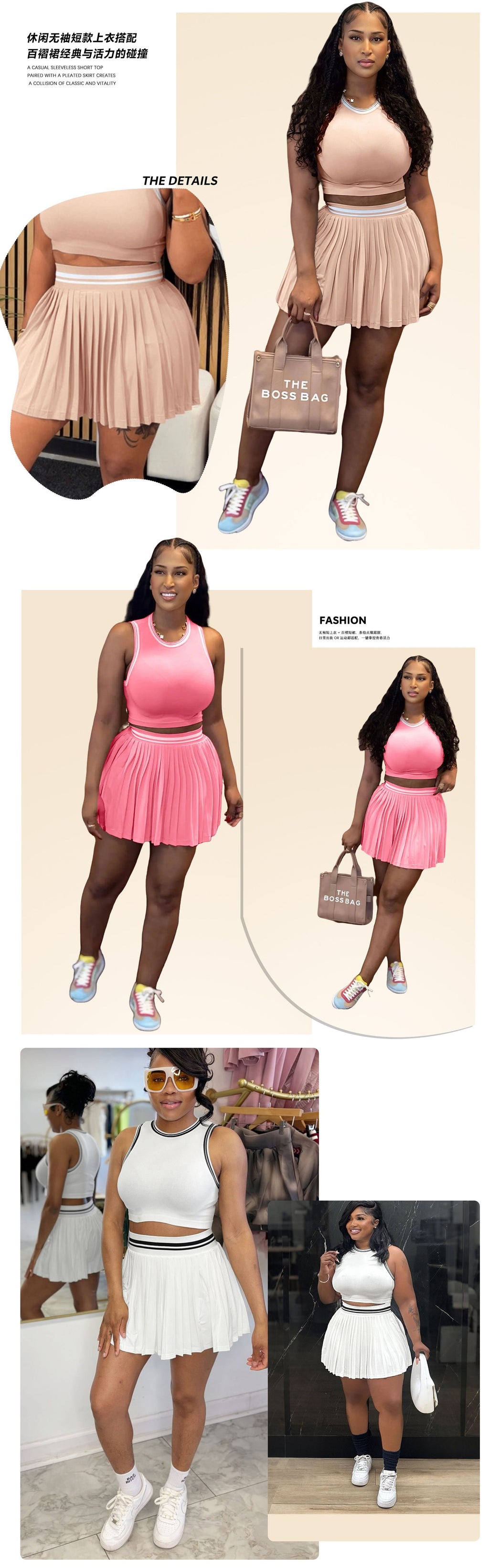 M3089 Women Solid Color Two Piece Set Sleeveless Crop Top & High Waist Pleated Mini Skirt Tennis Style Outfit