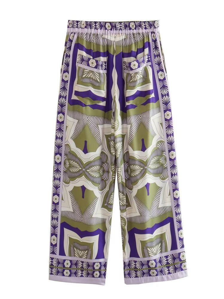 Women Fashion Print Pajamas Suit Autumn Shirts+Long Pants Set 2024 Female 2PCS Sets Casual Top With Belt Street Outwear Mujer