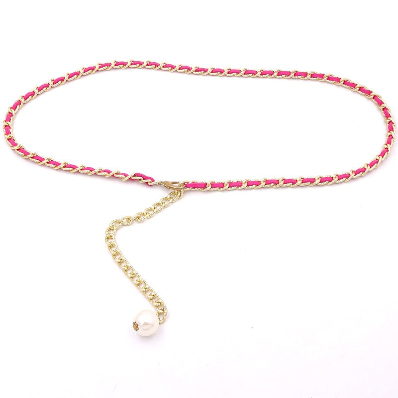 Korean style versatile metal thin waist chain women's skirt decorative pearl belt sweet lady decorative belt