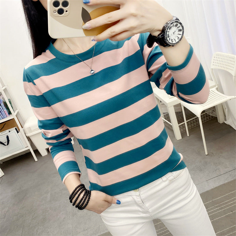 Autumn chubby girl Plus Size Large Size Loose Cotton Long-sleeved T-shirt Women's Middle-aged Mother Base Shirt Striped Top