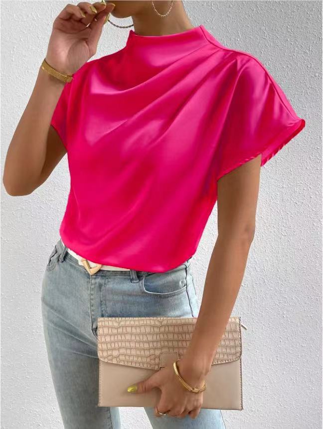 2026 Cross-Border Hot-Selling New Product Round Neck Short-Sleeve Left Shoulder Ruched T-Shirt Satin Women's Top Wholesale in Stock