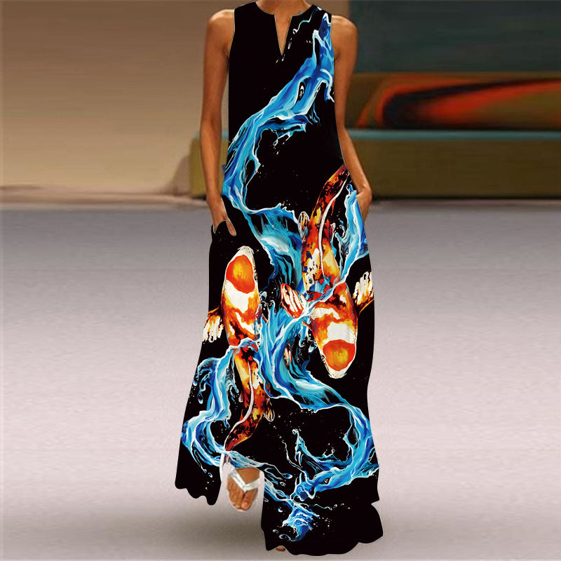 Cross-Border Women's Clothing Amazon Ebay 2026 New European and American Spring and Summer Fashion Printed Sexy Pocketed Long Dress