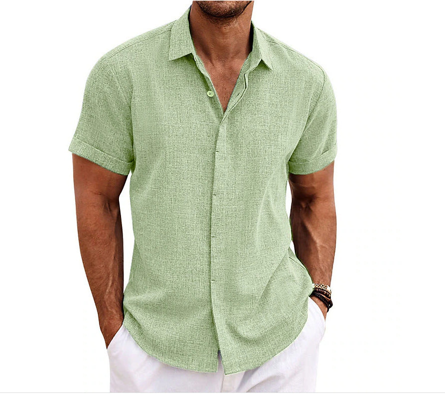 European and American Men's Double Placket Cotton Linen Cardigan Short-sleeved high quality Shirt Summer Home Short-sleeved Lapel Shirt Cross-border