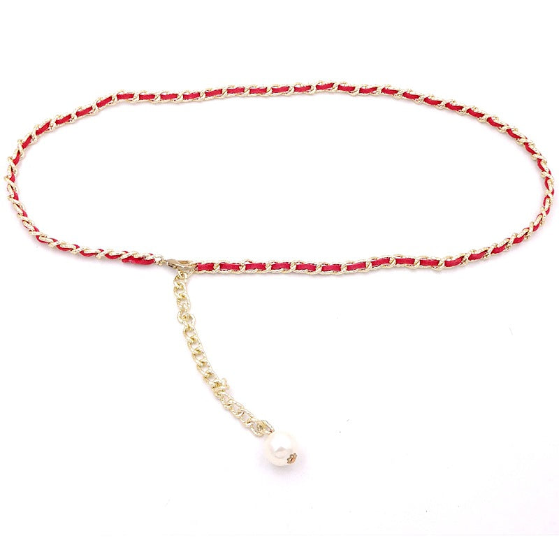 Korean style versatile metal thin waist chain women's skirt decorative pearl belt sweet lady decorative belt