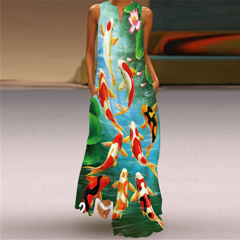 Cross-Border Women's Clothing Amazon Ebay 2026 New European and American Spring and Summer Fashion Printed Sexy Pocketed Long Dress