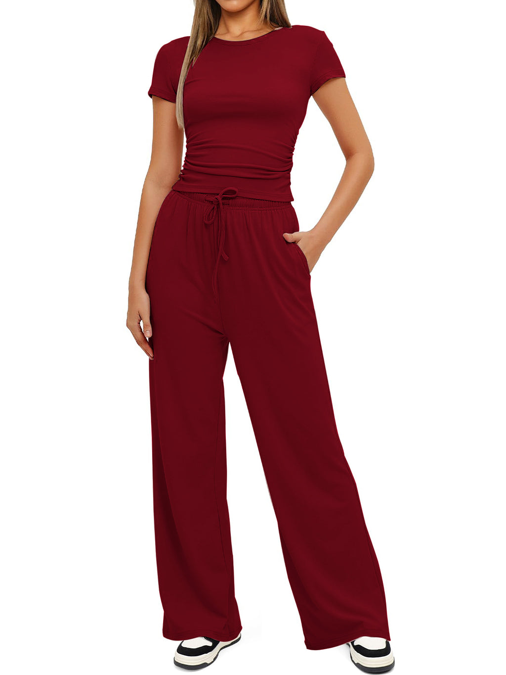 Women's Summer Solid Loose Casual Tracksuit Two Piece Set O Neck Short Sleeve T Shirt Wide Leg Pants Sportswear