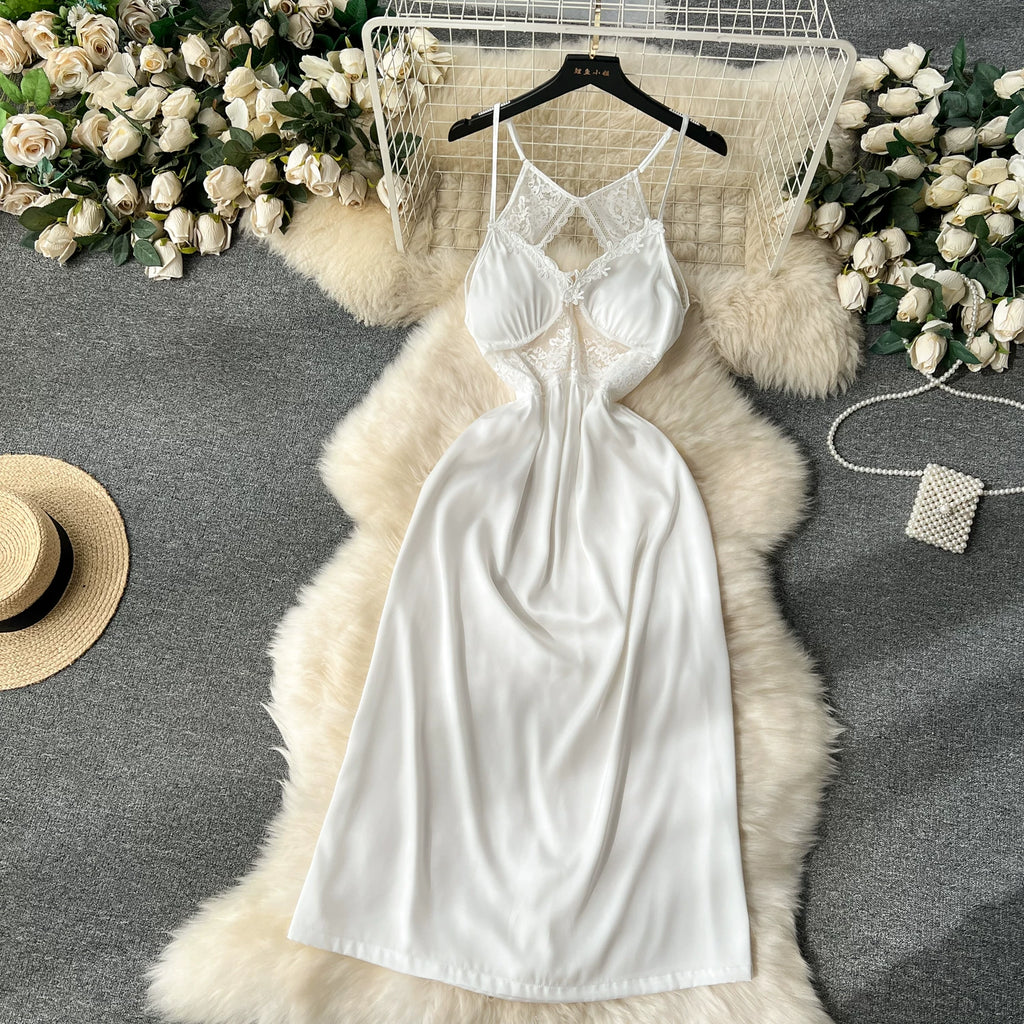 CHILLGIO Women Lace Satin Spaghetti Strap Dress Sexy Hollow Fashion Nightwear Nightgowns Ins Hot A Line Nightie Pajamas Sundress