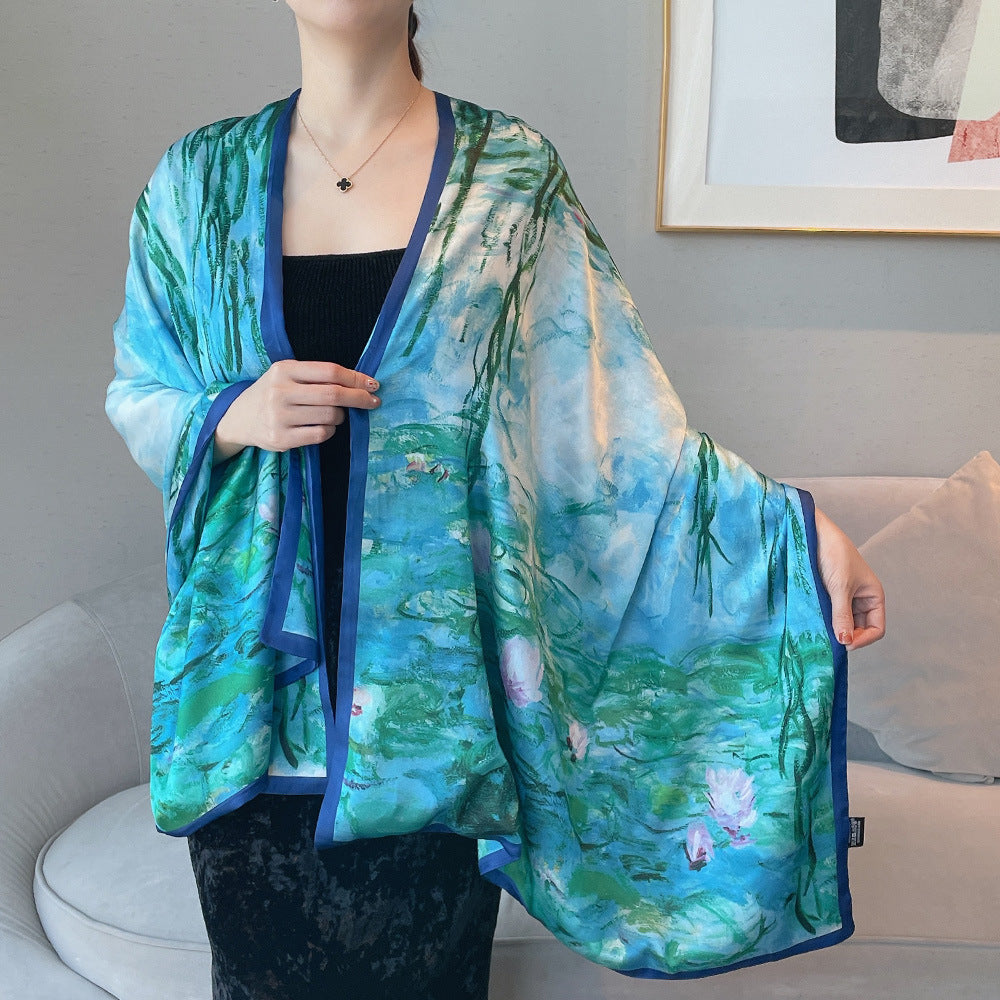 Van Gogh Monet oil painting double-sided double-layer silk scarf women's long 180x70 new silk satin popular fashion scarf shawl New