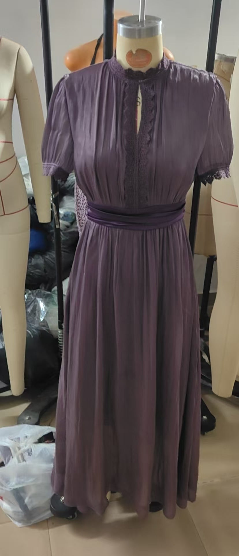 Vintage Spliced Hollow Out Dinner Maxi Dress for Women Stand Collar Lantern Sleeve Pleated Tunic Slit Sexy Dresses Female