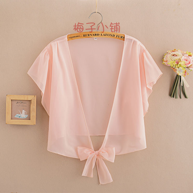 2025 Summer Sunscreen Clothing Chiffon Small Shawl Jacket Women's All-match Small Waistcoat Short Sleeve Thin Outer Short Cardigan