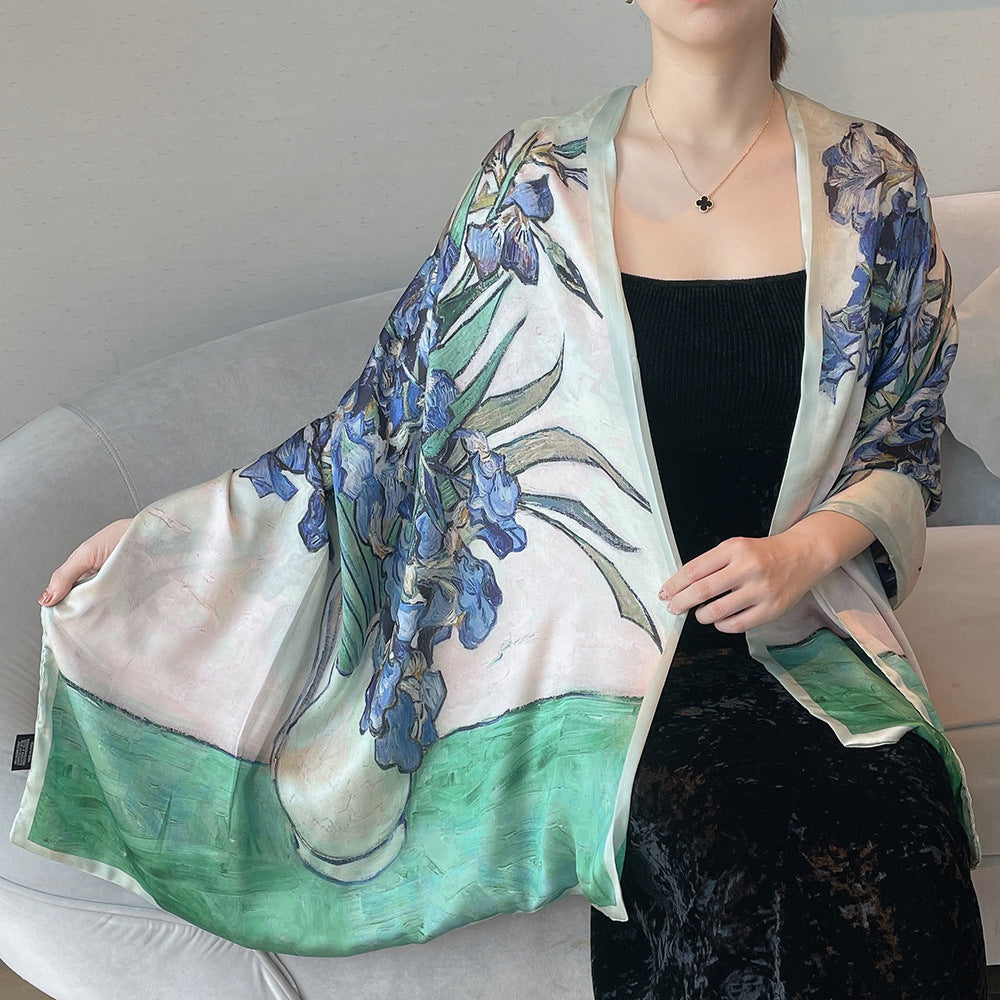 Van Gogh Monet oil painting double-sided double-layer silk scarf women's long 180x70 new silk satin popular fashion scarf shawl New