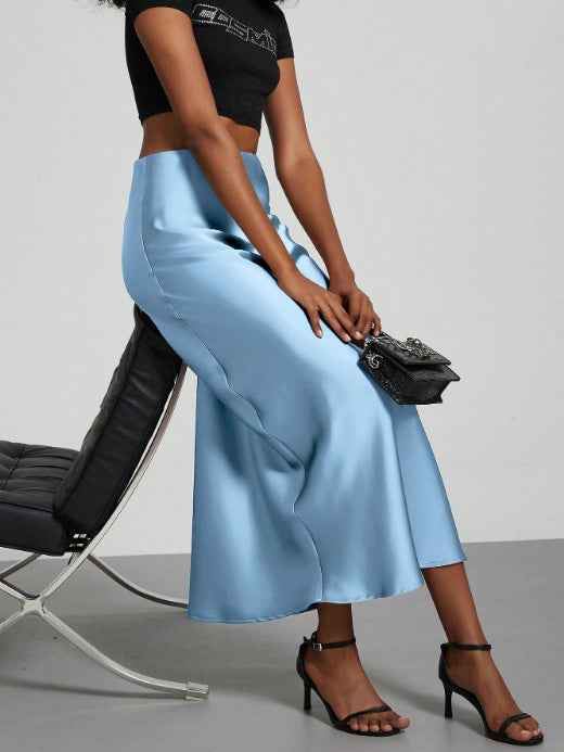 In-Stock Cross-Border Women's Clothing Wholesale European and American Style Elegant Satin Midi Skirt Slimming and Flowy