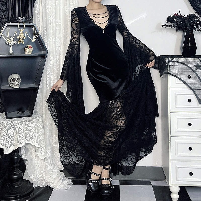 Halloween Costume Women Batwing Sleeve Floor Dress Black Gothic Evil Terror Maxi Mistress Morticia Addam Family Outfit For Adult