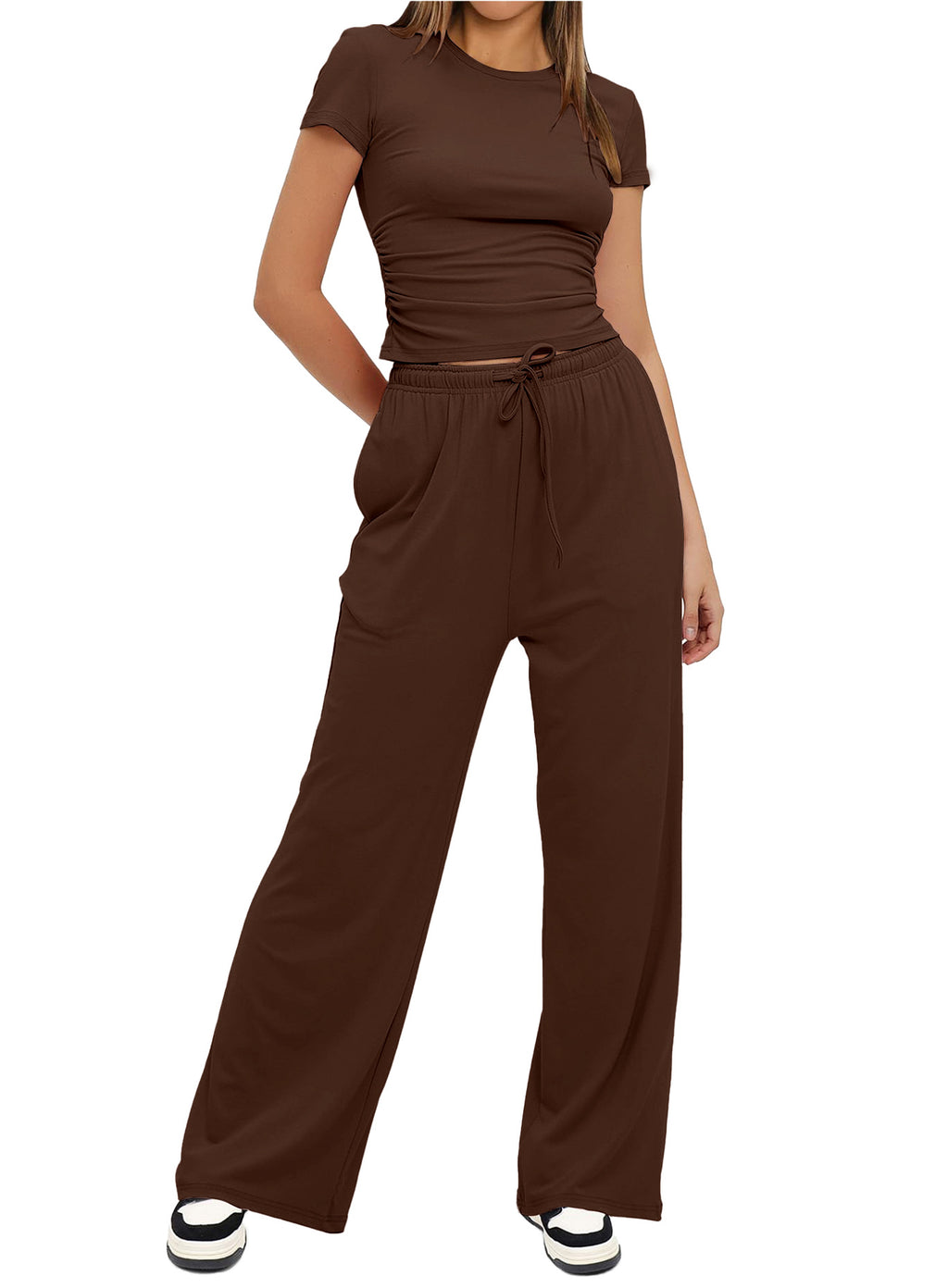 Women's Summer Solid Loose Casual Tracksuit Two Piece Set O Neck Short Sleeve T Shirt Wide Leg Pants Sportswear