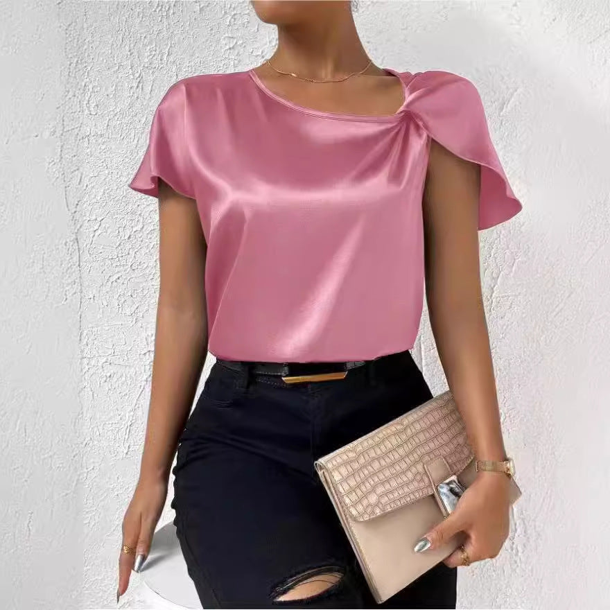 2026 European and American Foreign Trade Cross-Border Supply Summer Satin Short-Sleeve Top with Satin Twist, Solid Color, Loose Fit, Versatile Women's Top